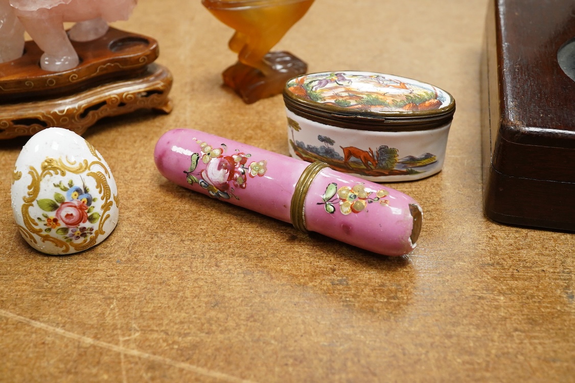Two 19th century enamel boxes and two enamel shaped vessels, a hardstone elephant, etc.